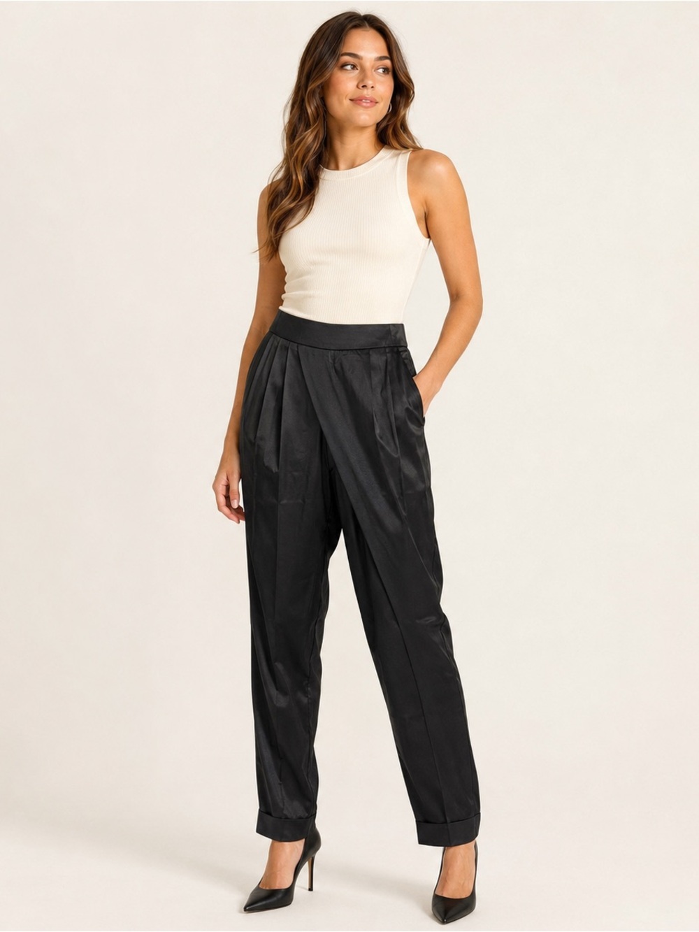 MABLE Anthropologie Black Silky Satin Foldover Pleat Pants Back Zip NWOT M& L